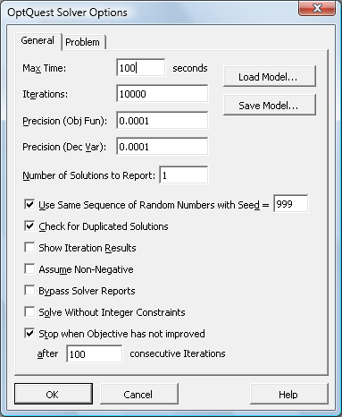 OptQuest Solver Options dialog (30021 bytes)