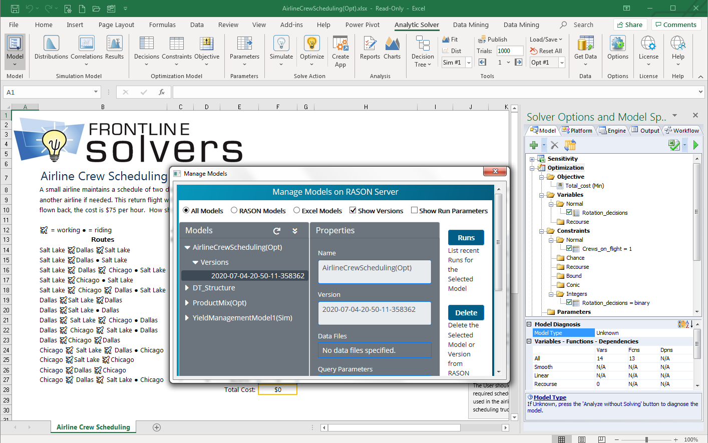 Analytic Solver Deploy Manage - Airline Crew Scheduling