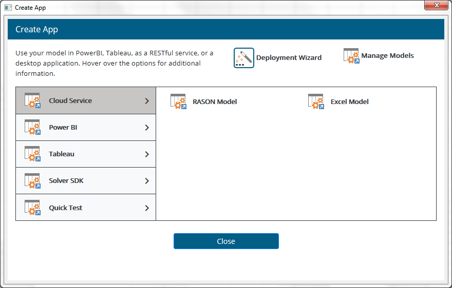 Analytic Solver V2020 Create App Dialog Analytic Solver V2020 Create App Dialog