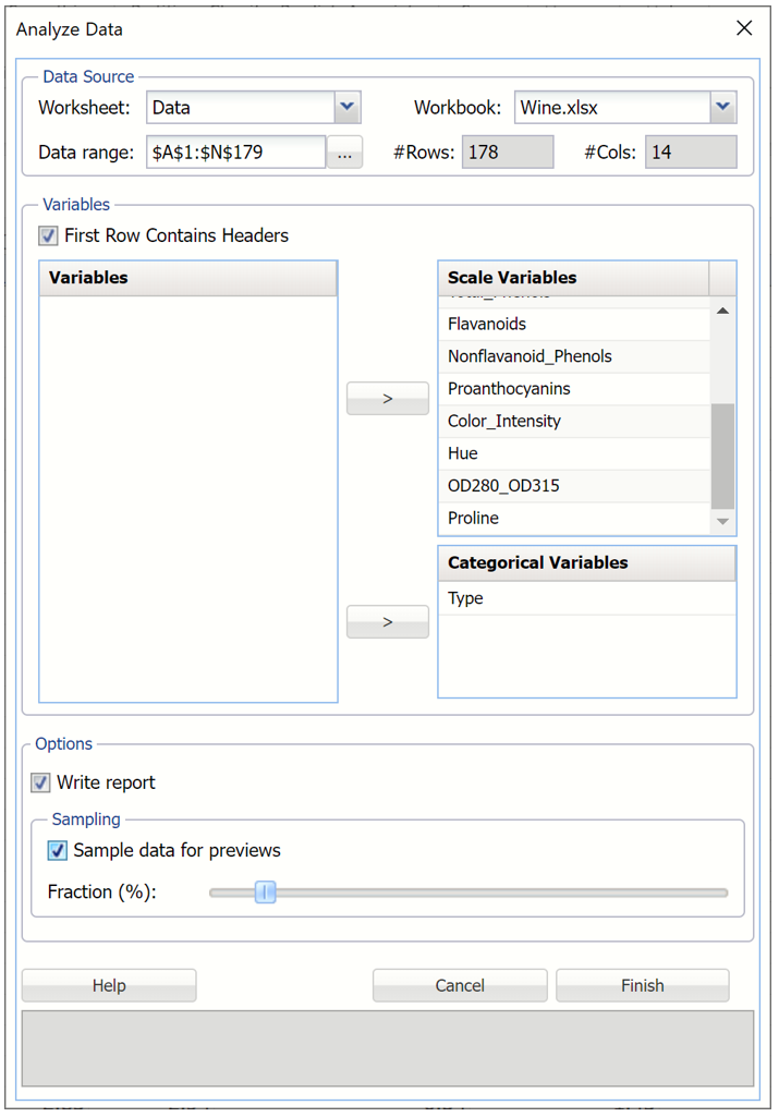 Analyze Data dialog as shown with all variables included in the analysis. 