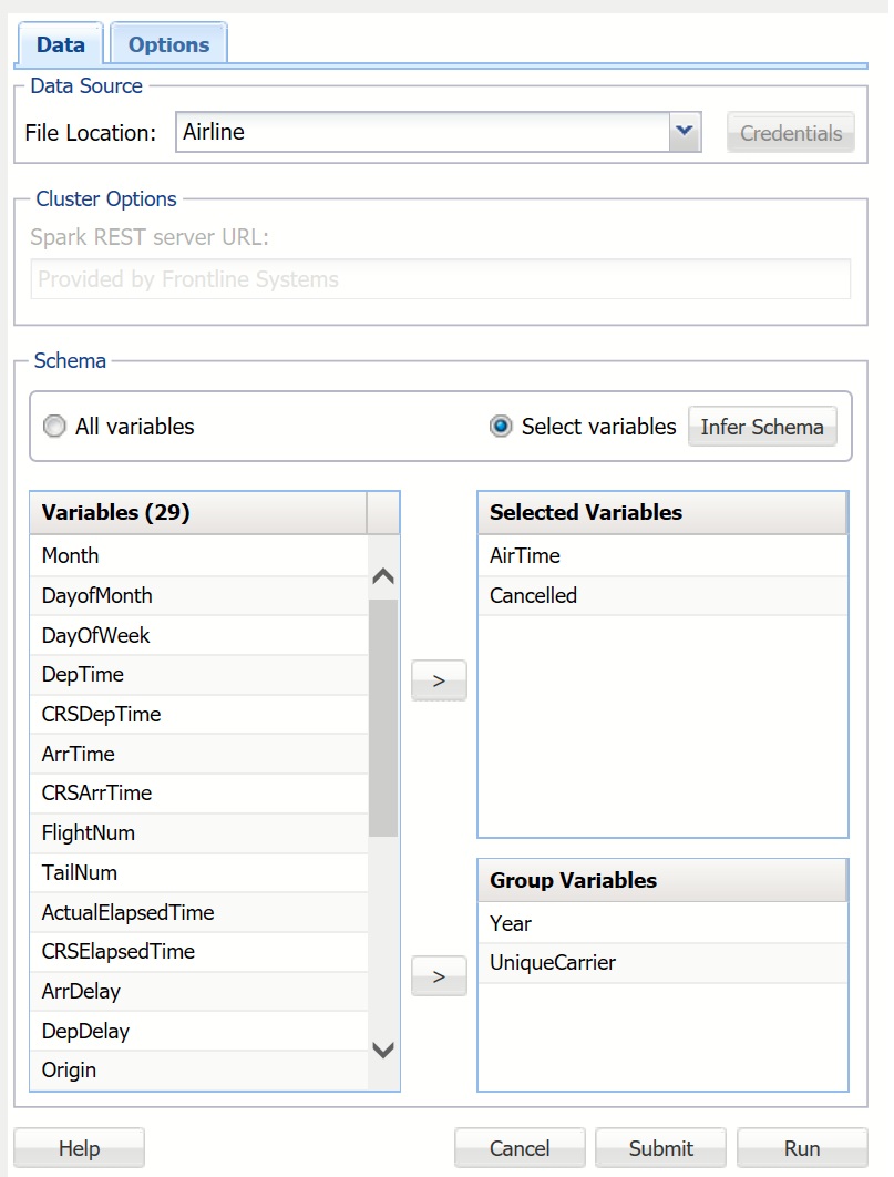 Summarize Big Data Dialog, Data tab 