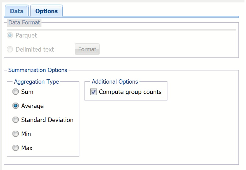 Summarize Big Data Dialog, Options tab