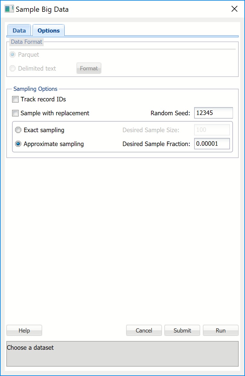 Analytic Solver Data Mining: Sample Big Data Dialog, Options tab