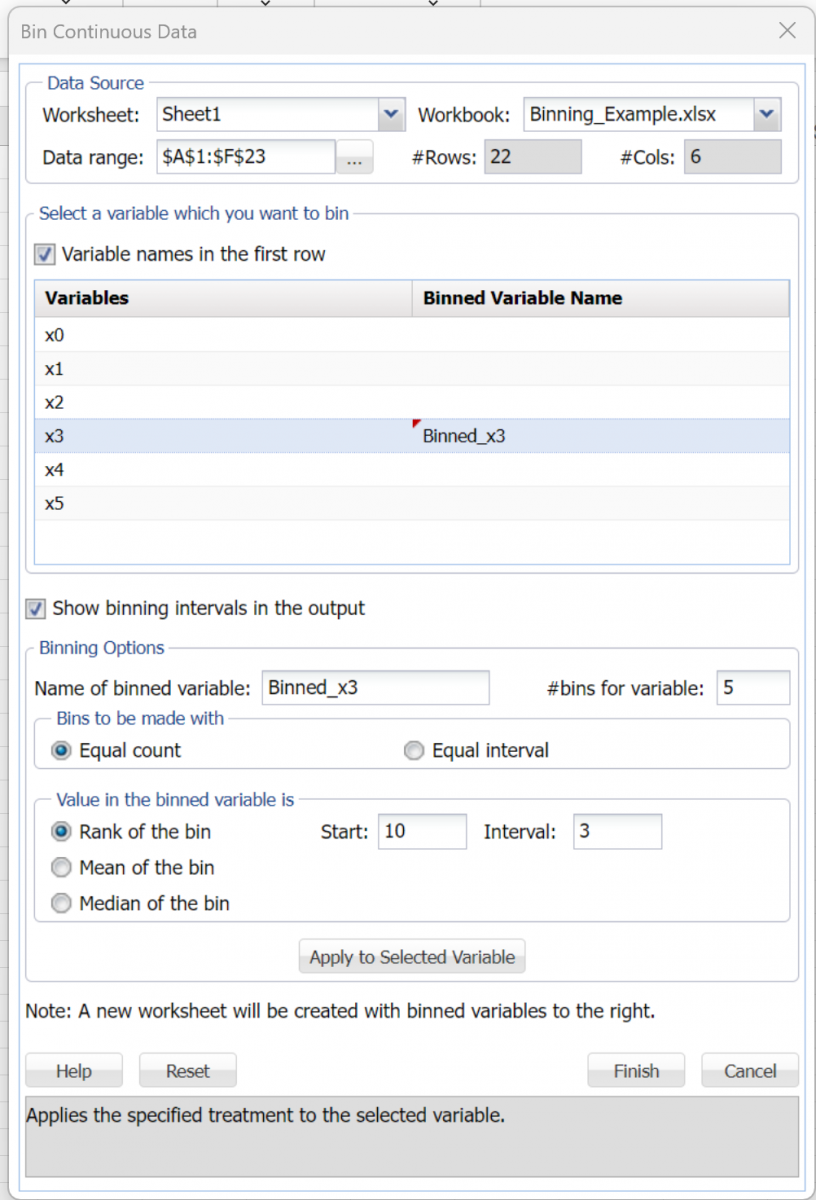 Bin Continuous Data Dialog