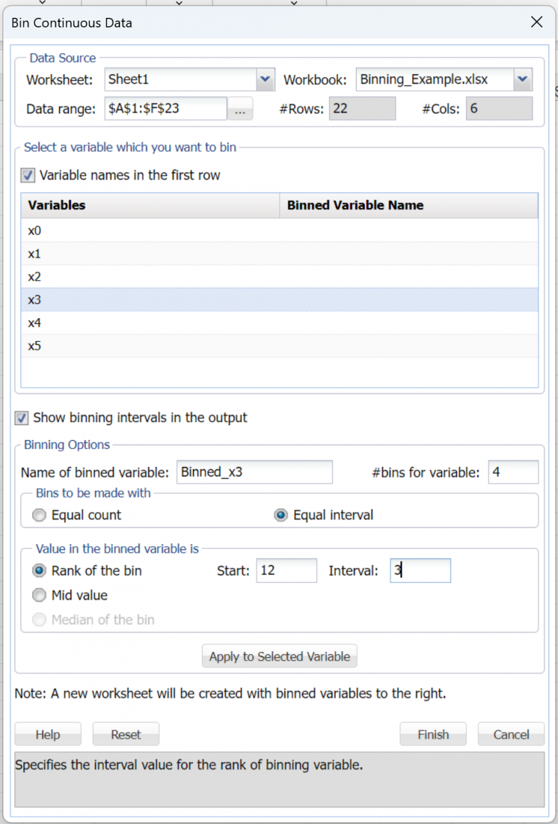 Bin Continuous Data Dialog Example 3