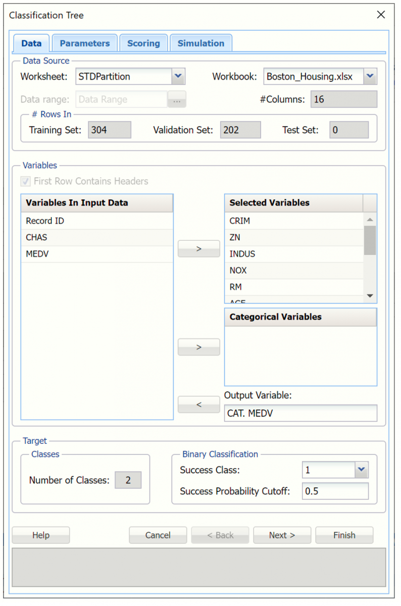 Classification Tree Data dialog