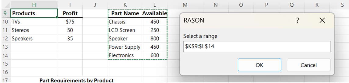 RASON Desktop:  Inventory table in Excel