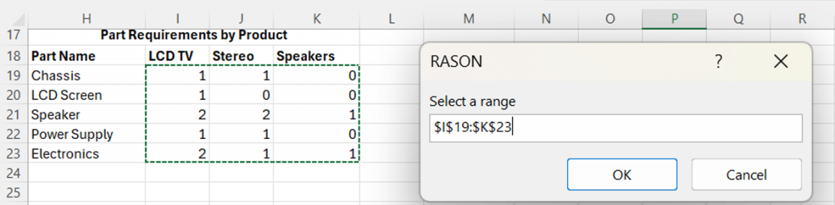 RASON Desktop: Parts table in Excel