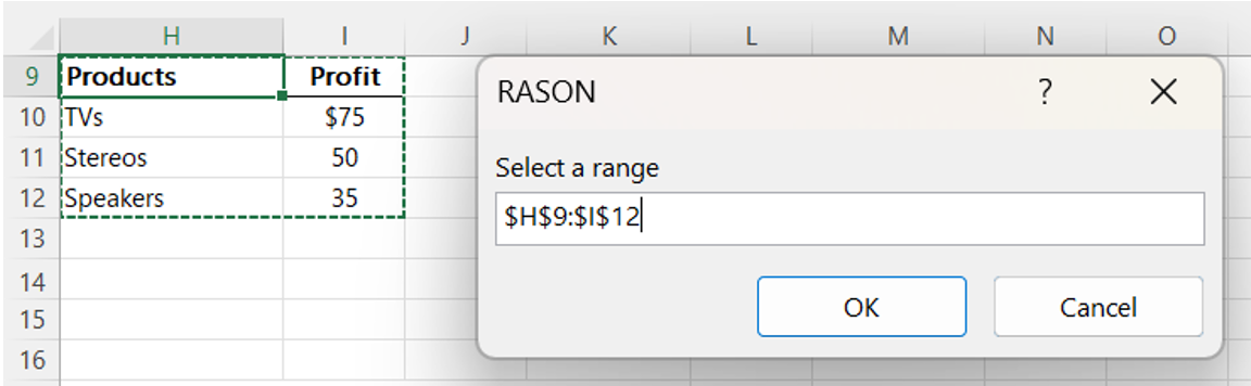RASON Desktop:  Profits table in Excel