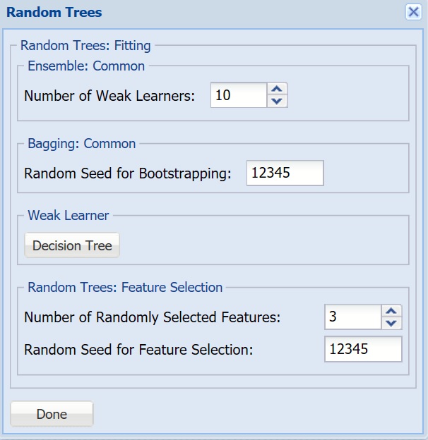 Random Trees Parameter Dialog