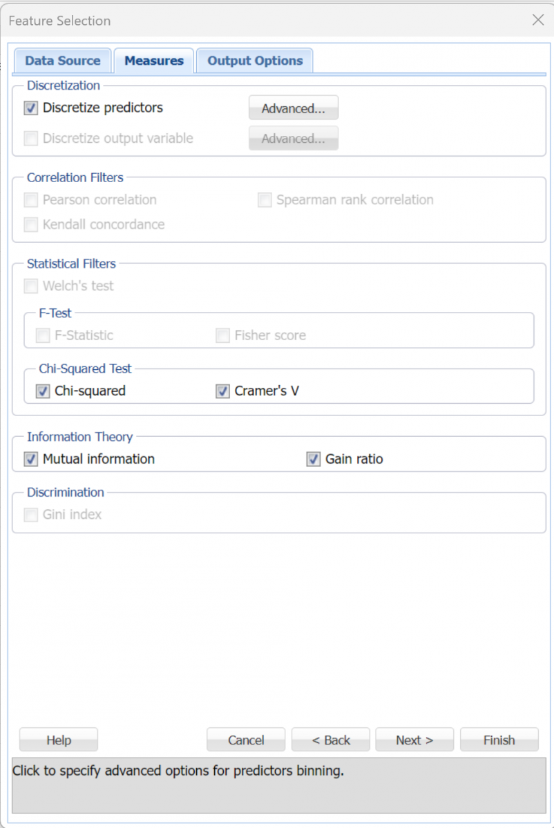 Figure 3:  Feature Selection Measures dialog