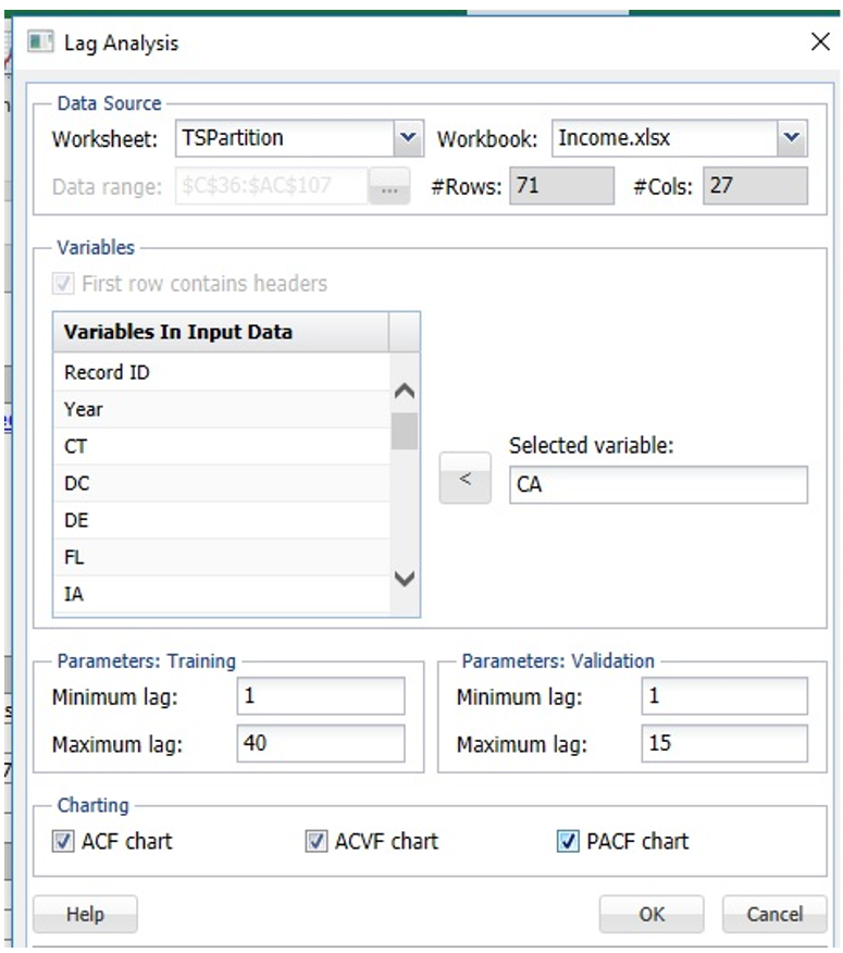 Analytic Solver Data Mining: Lag Analysis dialog