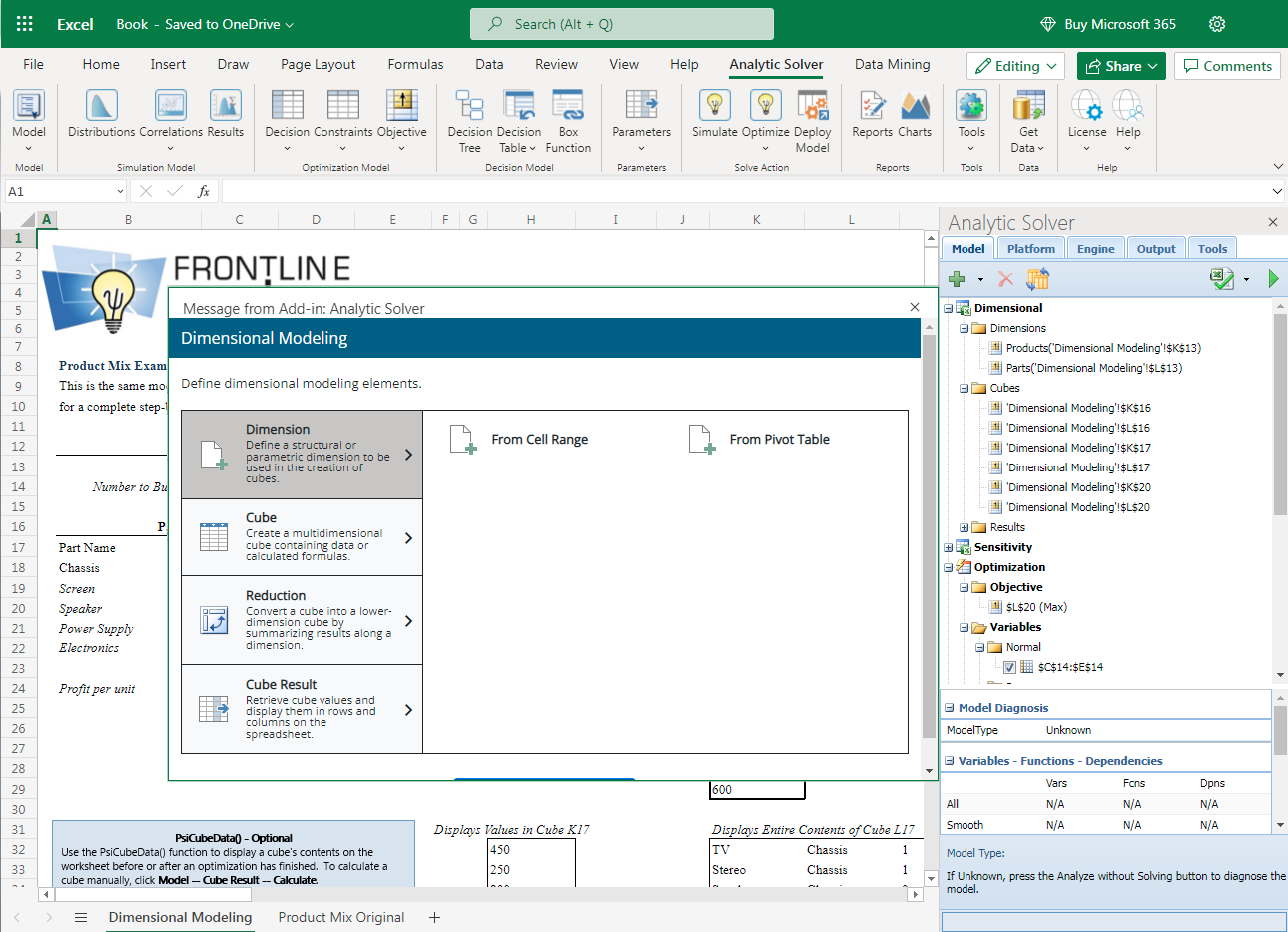 Multi-Dimensional Modeling in Analytic Solver Cloud