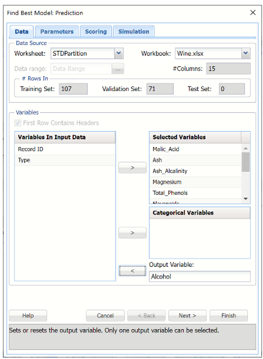Find Best Model Prediction Dialog, Data tab