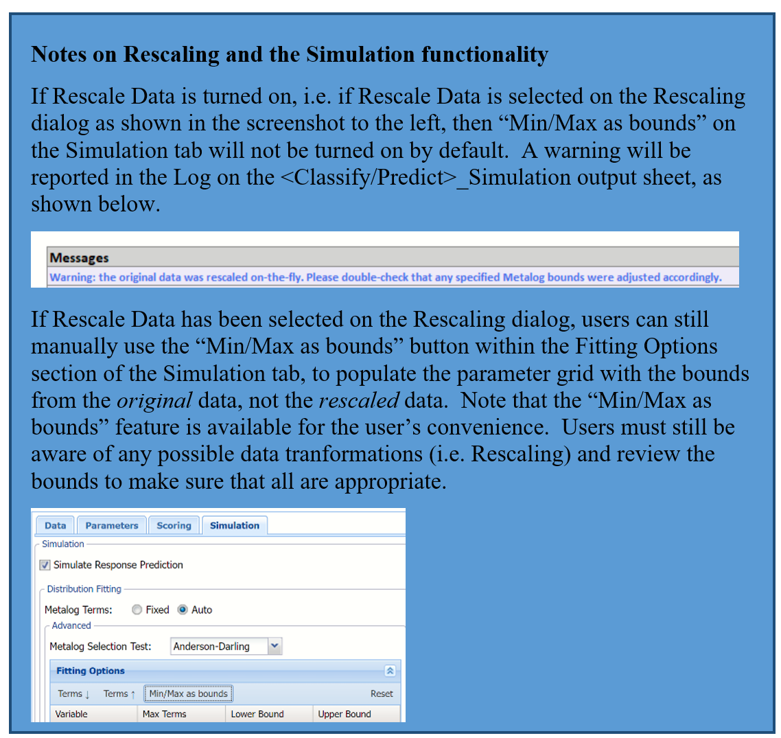 Analytic Solver Data Mining:  Notes on Rescaling and Simulation functionality