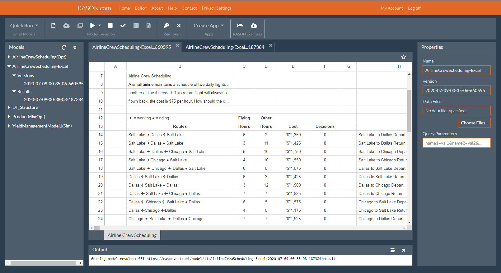 RASON Editor View of Excel Airline Crew Scheduling Model