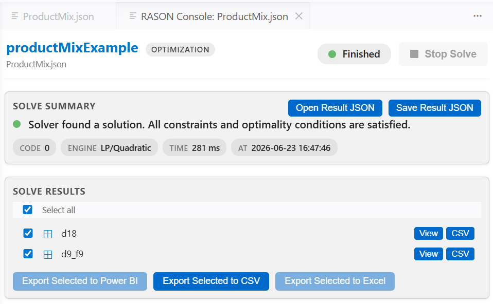 Console pane showing solver progress and the final solution message