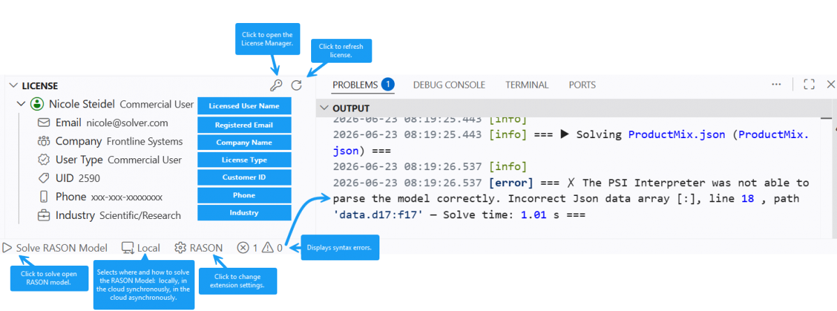 The License pane and the Solve RASON Model control