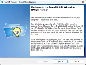 RASON Runner setup wizard Welcome dialog.