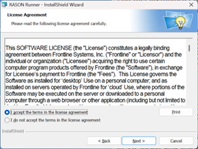 RASON Runner setup wizard License Agreement dialog.