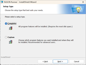 RASON Runner setup wizard Select Type dialog.