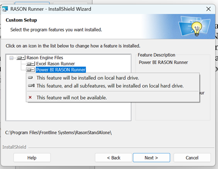 RASON Runner setup wizard Custom Setup dialog.