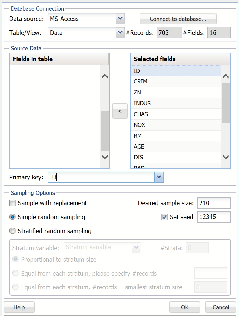 Selected fields on Sample from Database dialog