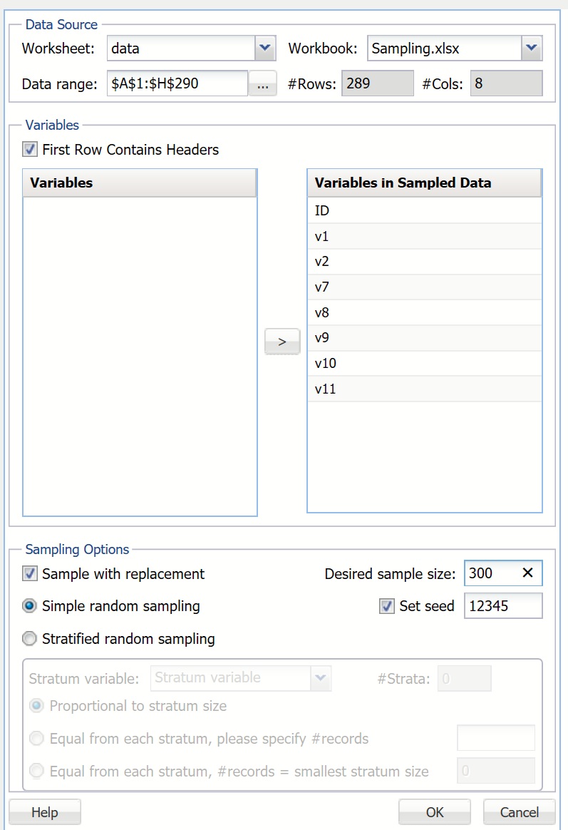 Sample From Worksheet dialog, Sampling with Replacement Example