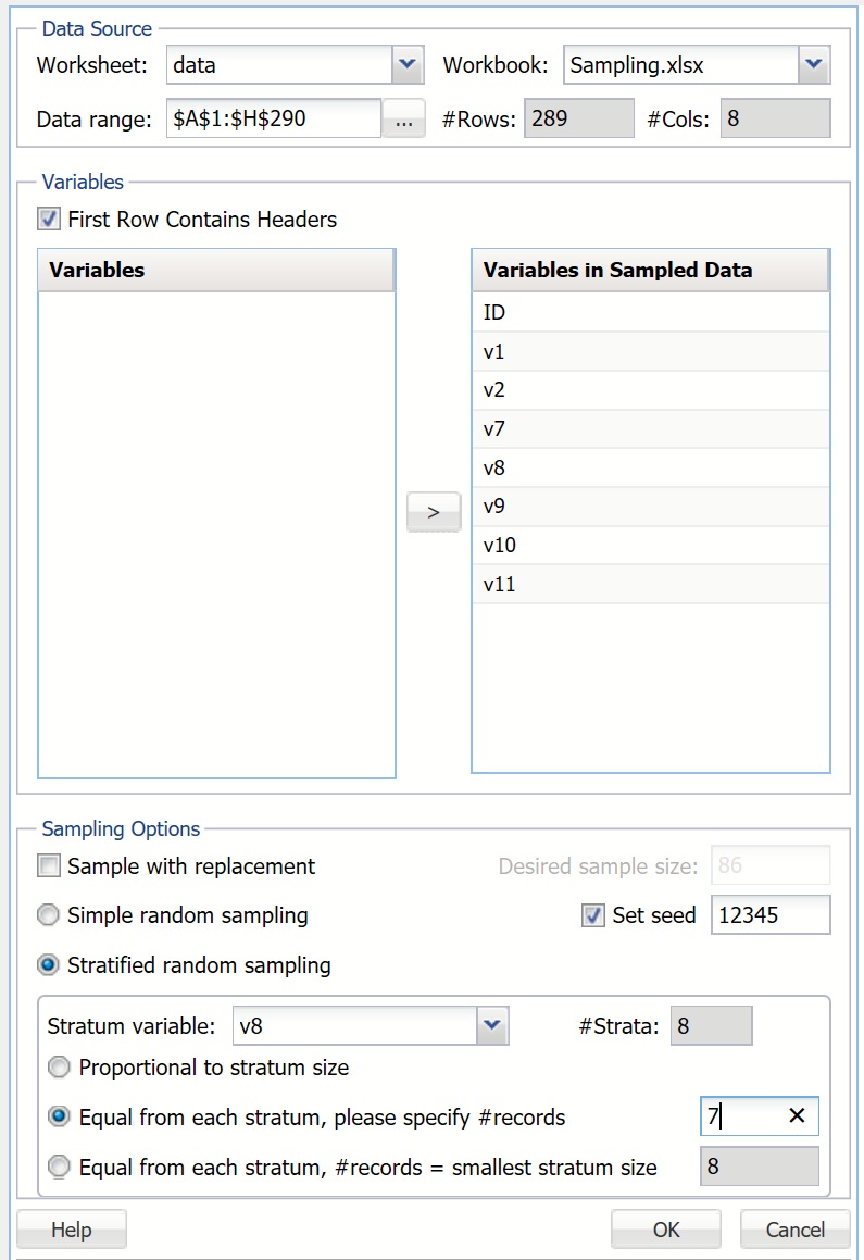 Sample From Worksheet dialog, Stratified Random Sampling Example