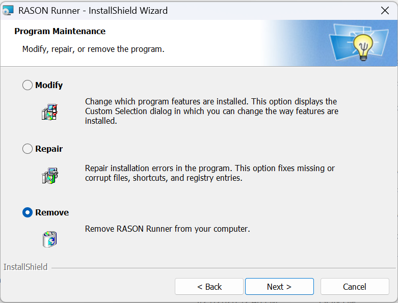 RASON Desktop:  RASON Runner uninstall dialog