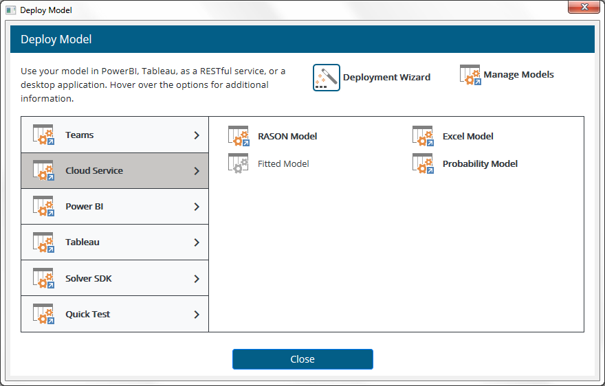 Deploy Model Dialog - Cloud Service in Analytic Solver V2021.5