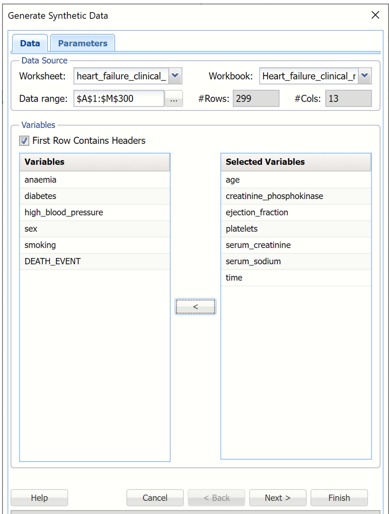 Generate Synthetic Data Dialog, Data Tab